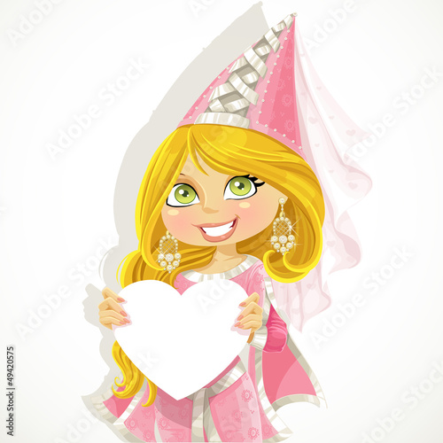 Vector: Pretty princess in a pink dress holding a banner-heart Pretty princess in a pink dress holding a banner-heart