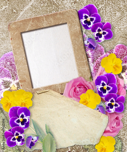 Illustration: Grunge frame with pansy and paper Grunge frame with pansy and paper