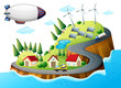 A village with windmills and a spaceship
