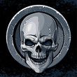 Skull in stone textured circle border on dark background