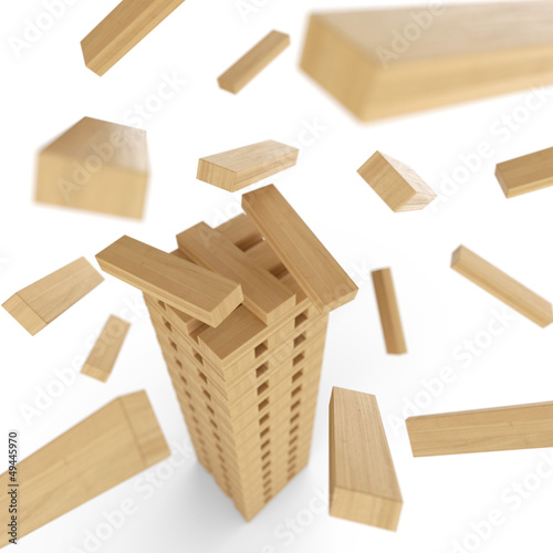 Illustration: Holzturm aus Bauklötzen in Bewegung 2 Holzturm aus Bauklötzen in Bewegung 2