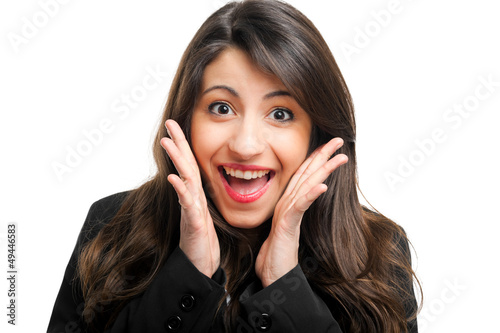 Photo: Happy surprised businesswoman isolated on white Happy surprised businesswoman isolated on white