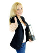 Female apprentice is happy to get a job shows thumb up
