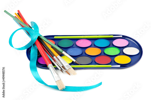Photo: kit of watercolor paints and brushes for painting kit of watercolor paints and brushes for painting