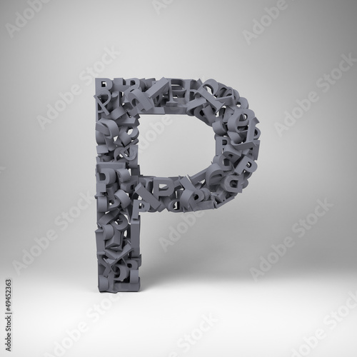 Illustration: Letter P made out of scrambled small letters in studio setting Letter P made out of scrambled small letters in studio setting