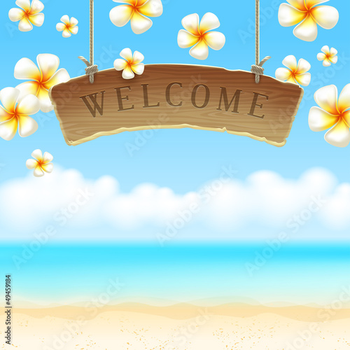 Vector: Wooden signboard Welcome & tropical flowers on beach Wooden signboard Welcome & tropical flowers on beach