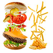 Fastfood - hamburger and french fries, flying ingrediens