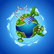 planet with wind mill turbines and Solar energy panels