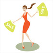 Sale banner with beautiful woman carrying bags