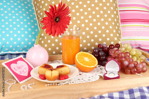 Photo: Breakfast in bed on Valentine's Day close-up Breakfast in bed on Valentine's Day close-up