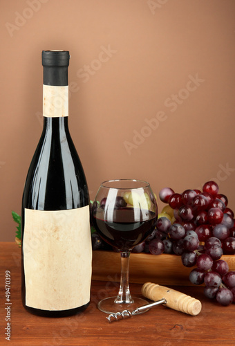 Photo: Composition of wine bottle, glass and grape, Composition of wine bottle, glass and grape,