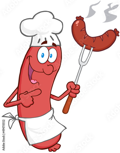 Vector: Happy Sausage Chef Cartoon Mascot Character With Sausage On Fork Happy Sausage Chef Cartoon Mascot Character With Sausage On Fork