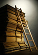 Old books and wooden ladder, on grey background