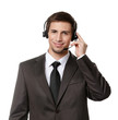 Foto: Operator puts earphones with microphone, isolated on white Operator puts earphones with microphone, isolated on white