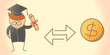 cartoon character of graduate student and dollar coin