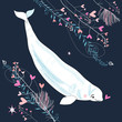 love white whale on a dark blue background with plants