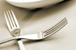 forks and plates on a tablecloth