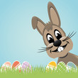 brown easter bunny lawn and colorful eggs
