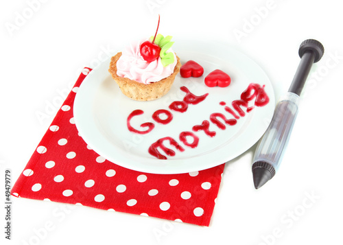 Photo: Tasty cake and jam inscription isolated on white Tasty cake and jam inscription isolated on white