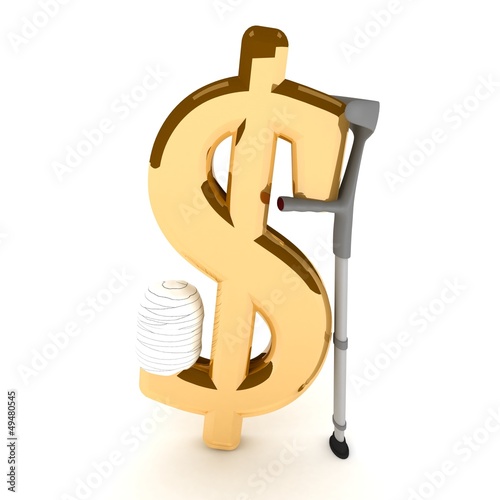 Illustration: sign of dollar, supported by a crutch, over white sign of dollar, supported by a crutch, over white