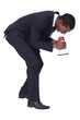 Man in suit shouting into megaphone