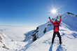 Mountaineer reaches the top of a snowy mountain