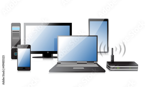 Illustration: Computer, Laptop Tablet and Phone, router Computer, Laptop Tablet and Phone, router