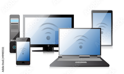 Illustration: Computer, Laptop Tablet and Phone with connection Computer, Laptop Tablet and Phone with connection