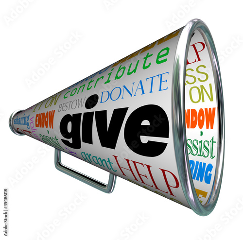Illustration: Give Bullhorn Megaphone Plea for Contributions Help Give Bullhorn Megaphone Plea for Contributions Help
