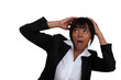 Scared businesswoman shielding her head