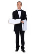 waiter is presenting a visitor book or a menu
