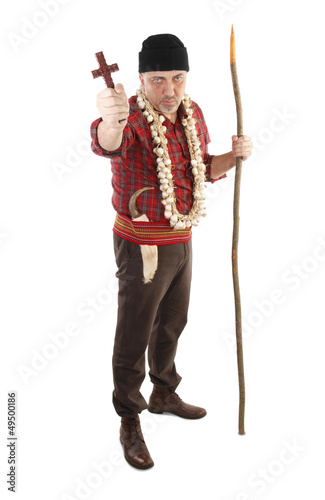 Photo: Vampire hunter with cross, hawthorn stake and garlic Vampire hunter with cross, hawthorn stake and garlic