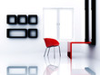 Illustration: empty light room with chair and table and shelves empty light room with chair and table and shelves