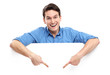 Man pointing down at empty whiteboard