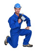 Workman holding blowtorch on white background