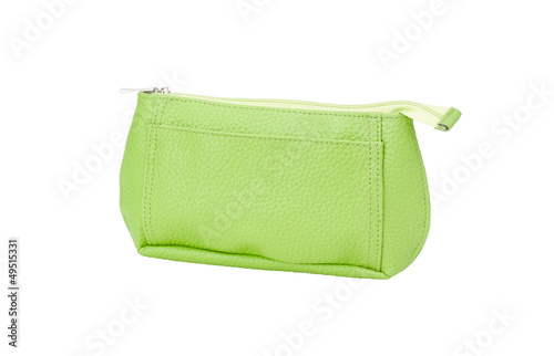 Photo: Green leather cosmetic bag isolated on white background. Green leather cosmetic bag isolated on white background.