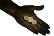Euro coins lying on dirty hand.
