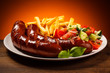 Grilled sausages, French fries and vegetables