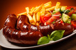 Grilled sausages, French fries and vegetables