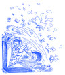 Vector: Blue sketchy doodles with books and cats Blue sketchy doodles with books and cats