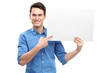 Man pointing at blank poster