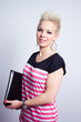student girl holding a black folder on gray background