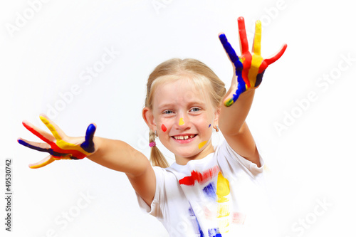 Photo: happy child with paint on the hands happy child with paint on the hands