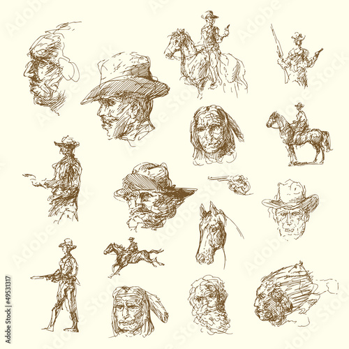 Vector: indian chiefs, cowboys - sketches, hand drawn set indian chiefs, cowboys - sketches, hand drawn set
