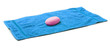 Blue Towel with bar of pink Soap.