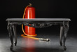 Black, an old table with carved and texture, red gas Balon in th