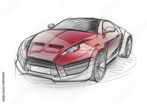 Illustration: Sketch drawing of a sports car. Non-branded concept car. Sketch drawing of a sports car. Non-branded concept car.