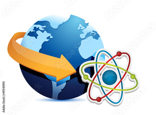 Illustration: globe arrow and atom globe arrow and atom