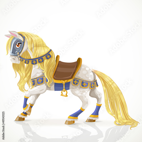 Vector: Beautiful white horse with a golden mane in harness Beautiful white horse with a golden mane in harness