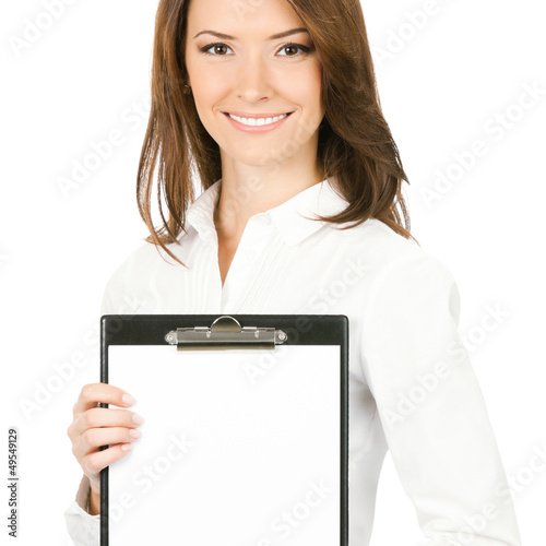 Photo: Businesswoman with clipboard, isolated Businesswoman with clipboard, isolated
